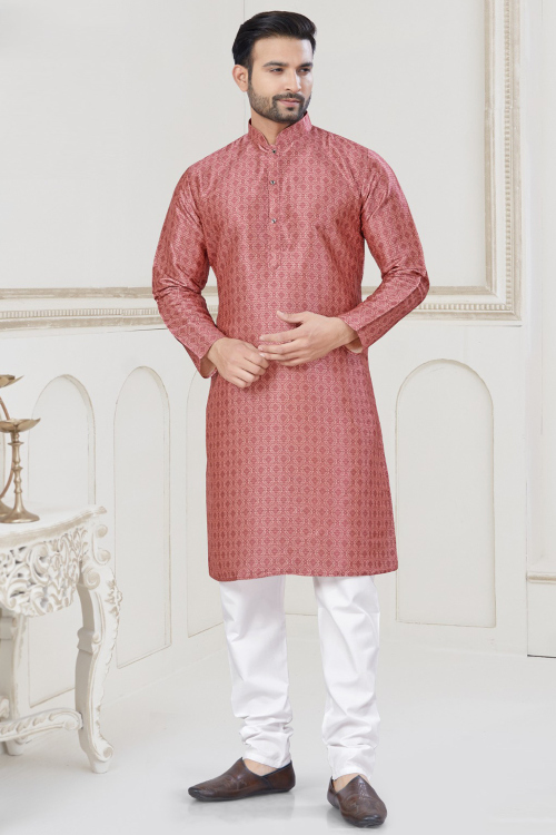 Coral Pink Silk Printed Straight Cut Men's Churidar Kurta 