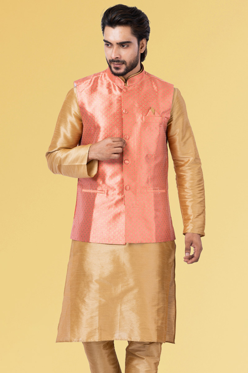 Coral Pink Silk Woven Zari Men's Waist Coat