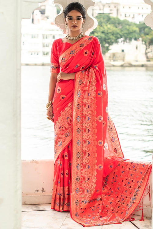 Coral Pink Broad Border Silk Saree for Wedding 