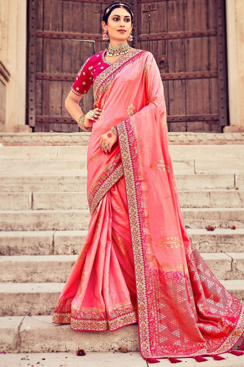 Coral Pink Silk Woven Saree with Weaved Thread embroidery