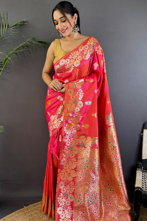 Coral Pink Soft Silk Weaved Broad Border Saree 