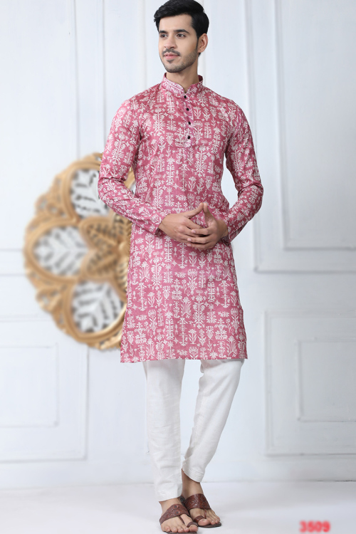 Coral Pink Straight Cut Cotton Printed Men's Kurta
