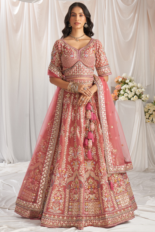 Coral Pink Tissue Embroidered Wedding Wear Lehenga