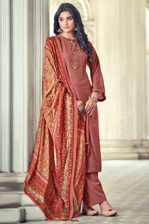 Coral Pink Viscose Embroidered Straight Cut Suit