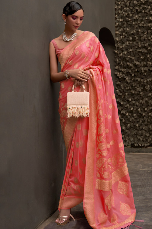 Coral Pink Weaved Zari Chanderi Silk Festival Wear Saree 