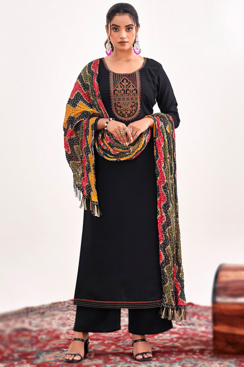 Cotton Black Embroidered Casual Wear Palazzo Suit