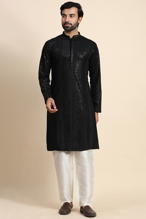 Cotton Black Embroidered Straight Cut Men Kurta Pajama