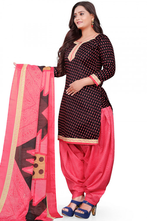 Cotton Black Printed Straight Cut Casual Wear Patiala Suit 
