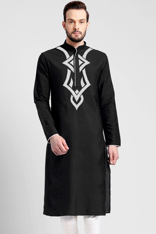Cotton Black Printed Straight Cut Men's Kurta