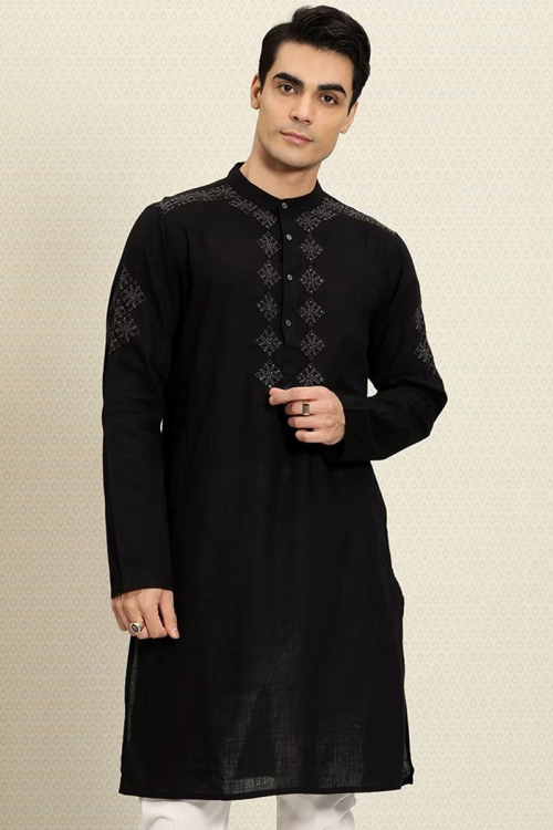 Cotton Black Resham Embroidered Men's Kurta