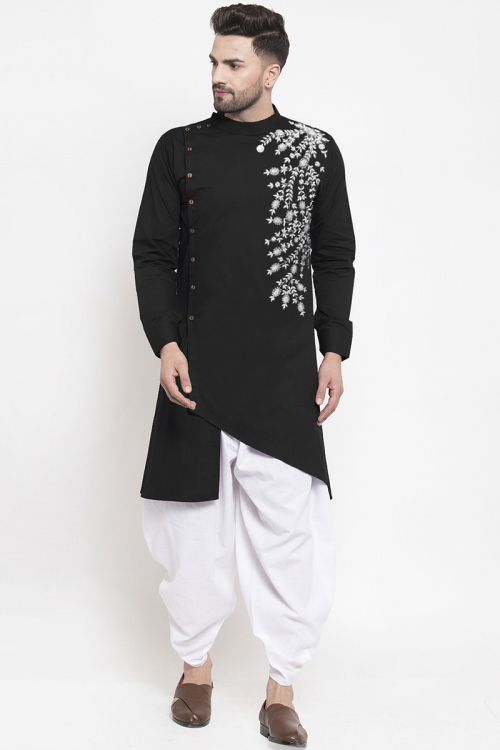 Cotton Black Resham Thread Work Asymmetrical Men's Kurta Dhoti 
