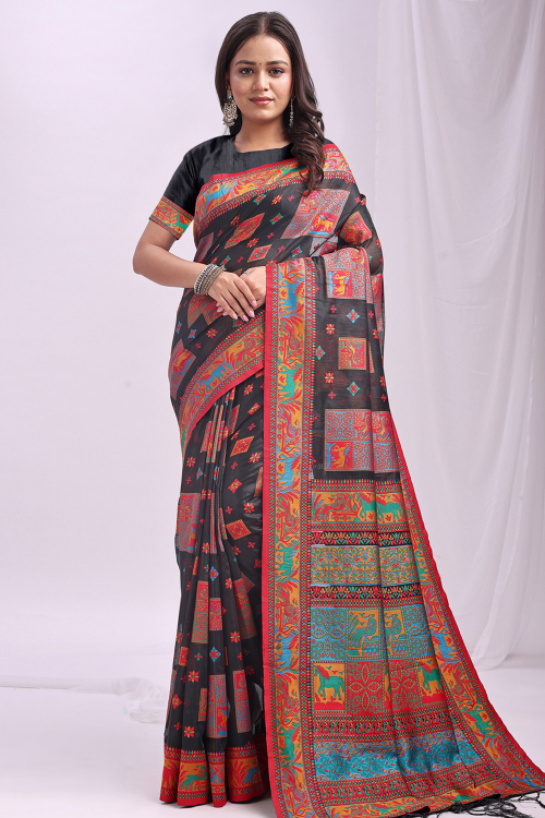 Cotton Black Saree With Weaved Thread Work