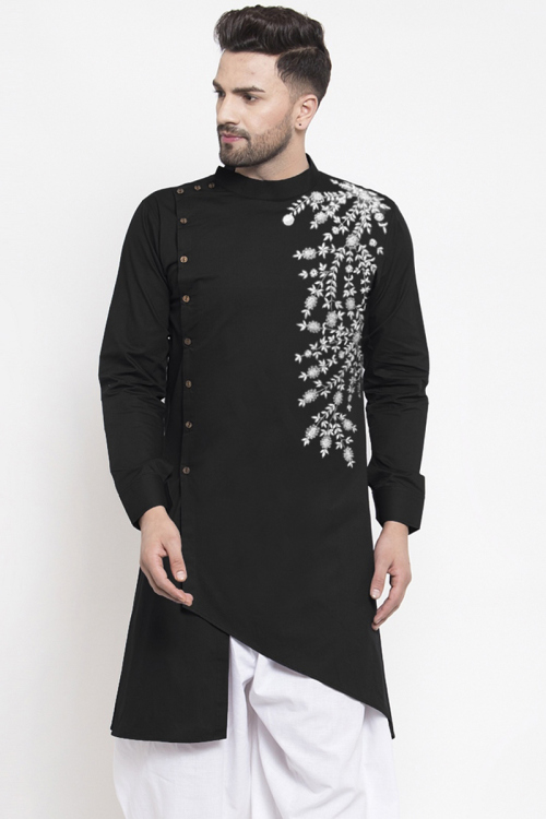 Cotton Black Thread Embroidered Asymmetrical Men's Kurta