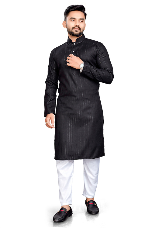 Cotton Black Weaved Lurex Thread Straight Cut Men's Kurta Pajama