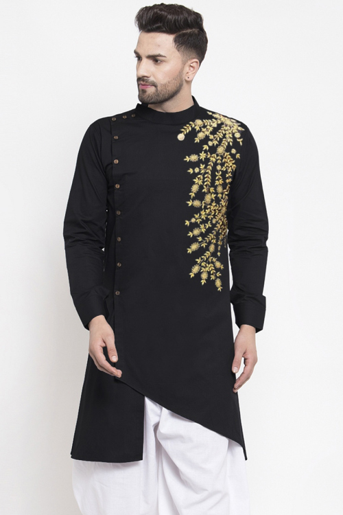 Cotton Black Zari Embroidered Asymmetrical Men's Kurta 