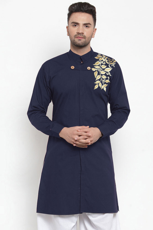 Cotton-blend Navy Blue Men Kurta