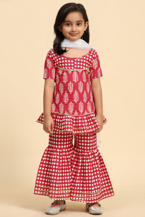 Cotton Brick Red Printed Girl's Sharara Suit