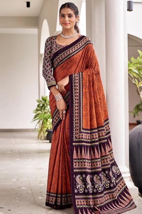Cotton Brown Printed Light Weight Saree 