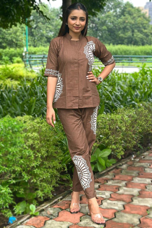 Cotton Brown Resham Embroidered Ready to Wear Straight Cut Co-Ord Set