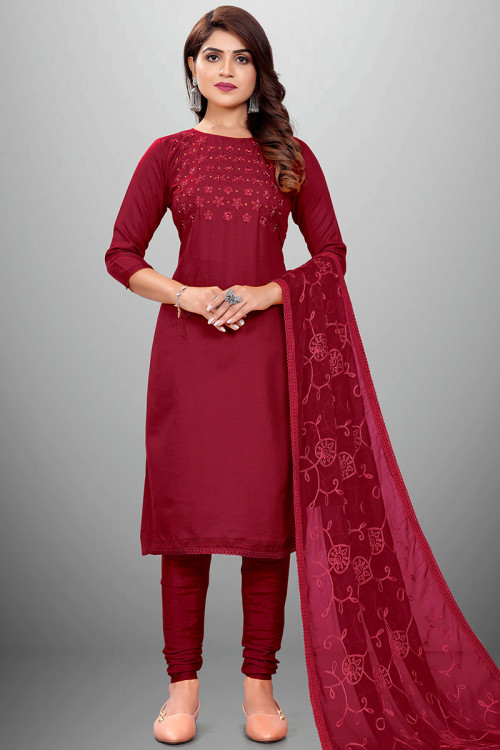 Cotton Burgundy Maroon Embroidered Straight Cut Suit