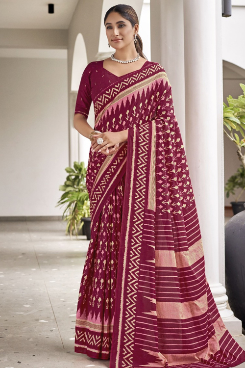 Cotton Burgundy Maroon Printed Light Weight Saree 