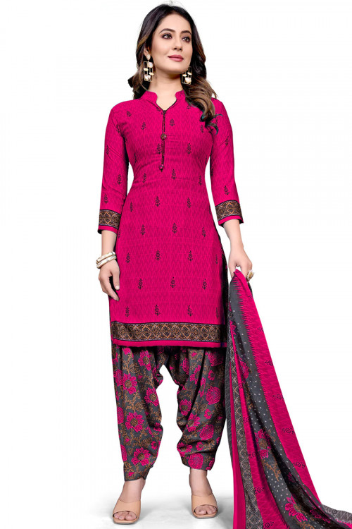 Cotton Cerise Pink Printed Casual Wear Patiala Suit