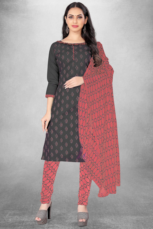 Cotton Charcoal Grey Printed Casual Wear Churidar Suit 