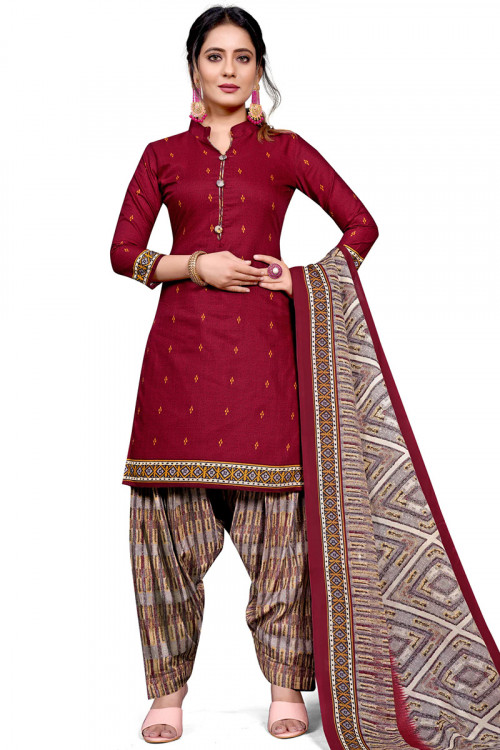 Cotton Cherry Red Printed Casual Wear Patiala Suit