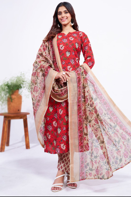 Cotton Cherry Red Printed Ready Made Casual Wear Trouser Suit