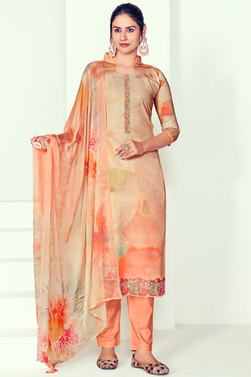 Cotton Coral Peach Printed Straight Cut Trouser Suit