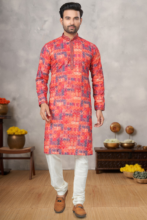 Cotton Coral Pink Printed Straight Cut Men's Kurta Churidar