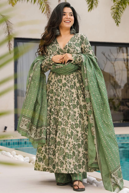 Cotton Cream Beige Ready to Wear Straight Suit with Printed Work for Diwali