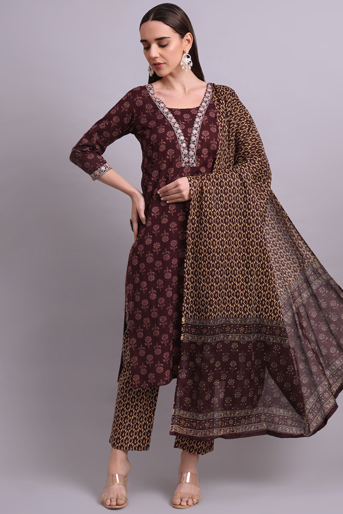Cotton Dark Brown Ready to Wear Printed Trouser Suit