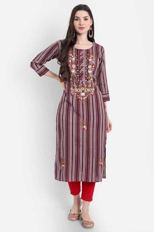 Cotton Dark Maroon Handloom Casual Wear Ready Made Kurti