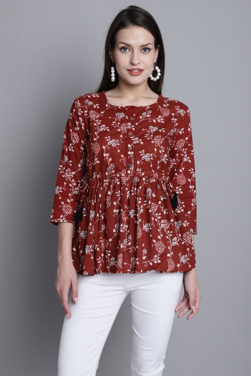 Cotton Deep Red Short Kurti With Printed Work For Casual Wear
