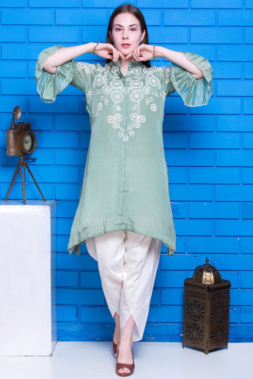 Cotton Dhoti Pant Suit In Dusty Green Colour