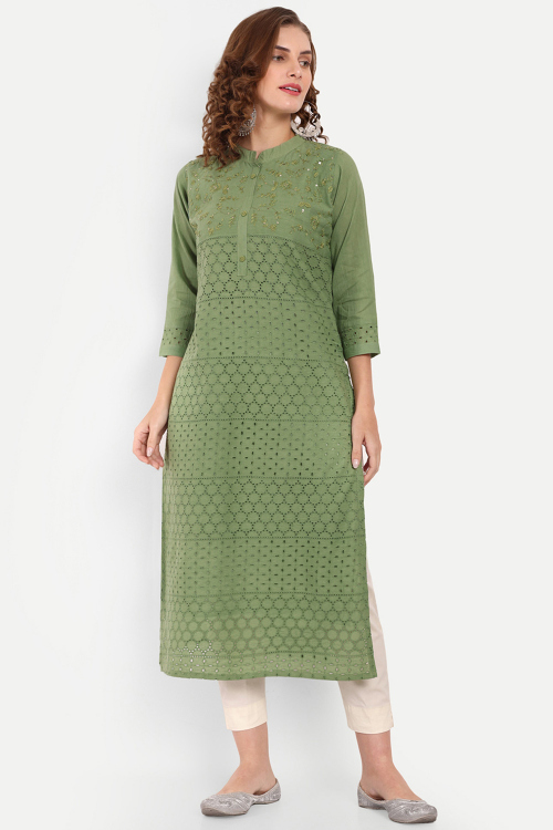 Cotton Dusty Green Embroidered Casual Wear Ready Made Kurti