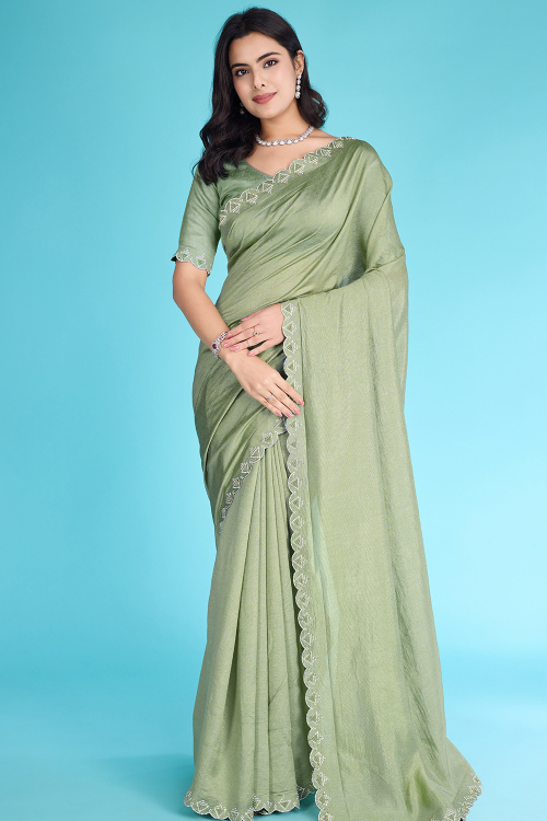 Cotton Dusty Green Saree with Pearl Work for Diwali Festival
