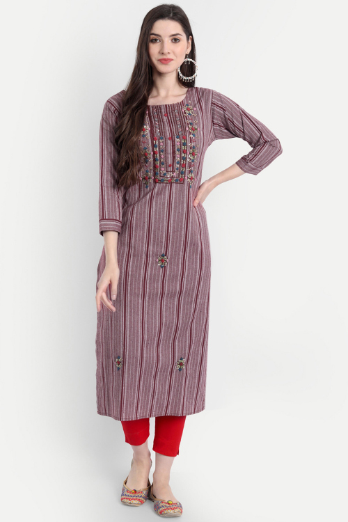 Cotton Embroidered Deep Red Casual Wear Ready Made Kurti