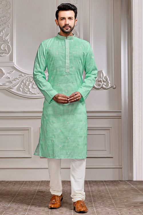 Cotton Embroidered Mint Green Straight Cut Men's Kurta Churidar 