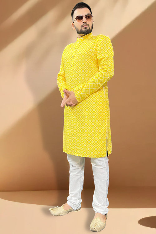 Cotton Embroidered Mustard Yellow Straight Cut Men's Kurta Churidar
