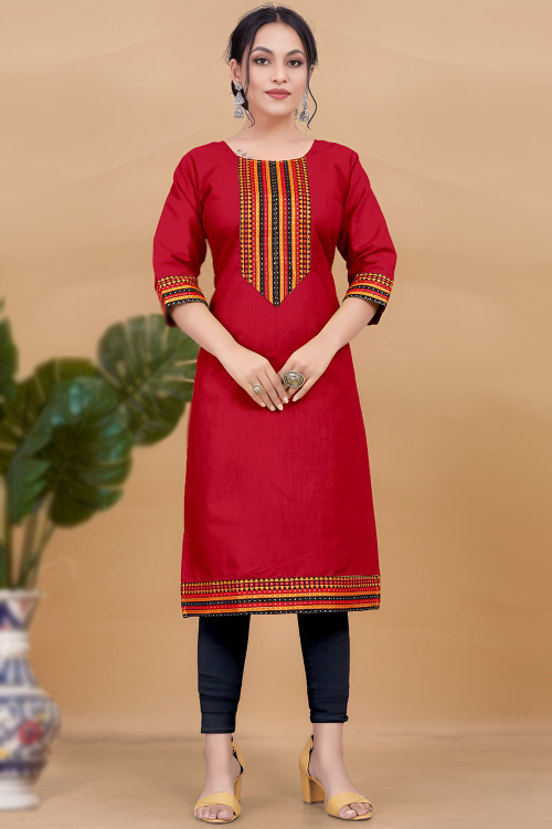 Cotton Embroidered Ruby Red Ready to Wear Straight Cut Readymade Kurti