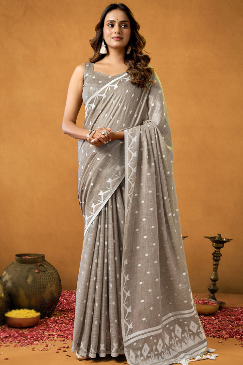 Cotton Grey Beige Saree With Weaved Thread Work For Casual Wear