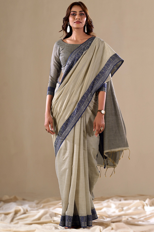 Cotton Grey Beige Woven Zari light Weight Saree