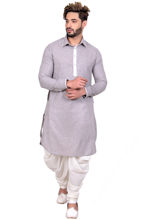 Cotton Grey Readymade Men's Dhoti Kurta