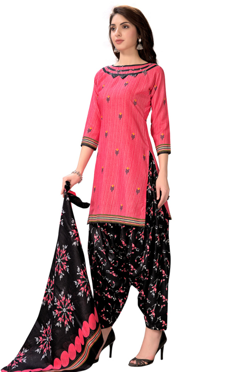 Cotton Hot Pink Printed Patiala Suit