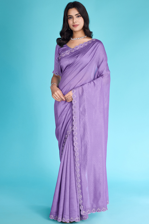 Cotton Lavender Purple Saree with Pearl Work for Diwali Festival