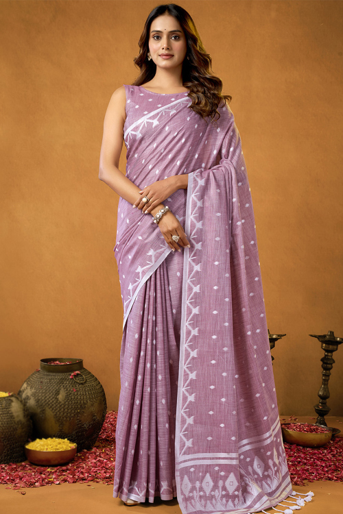 Cotton Lavender Purple Saree With Weaved Thread Work For Casual Wear