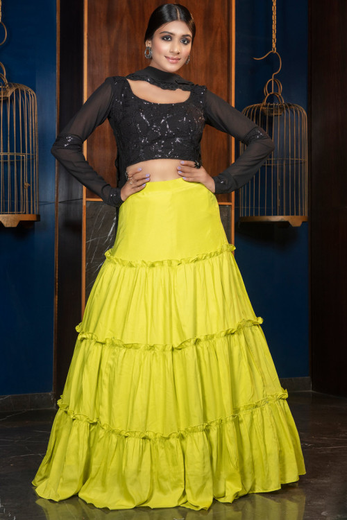 This gorgeously regal ensemble features a heavily embellished black blouse  on a mustard yellow lehenga with meticulously crafted details in… |  Instagram