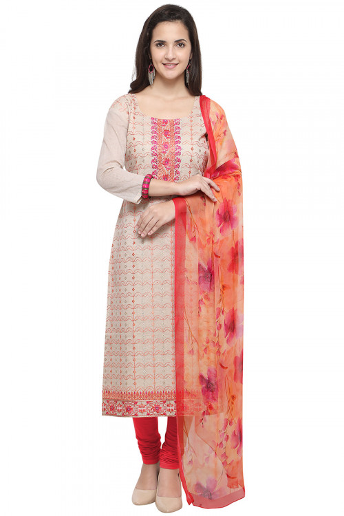 Cotton Light Beige Embroidered Casual Wear Churidar Suit